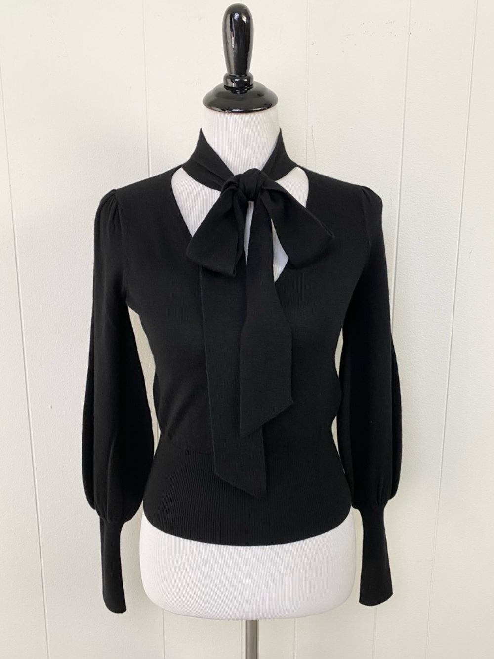Zimmermann Black 100% Wool Sweater Puff‎ Sleeve Scoop Tie Neck Size 0P Elegant